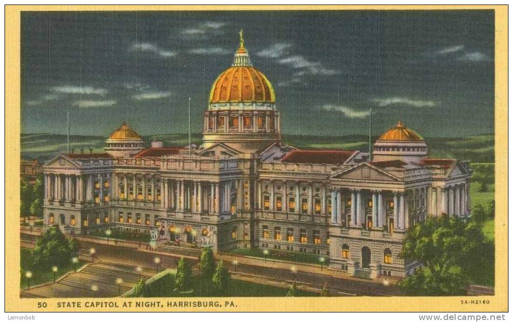 USA – United States –  State Capitol At Night, Harrisburg, Pa, Unused Linen Postcard [P4228] - Harrisburg