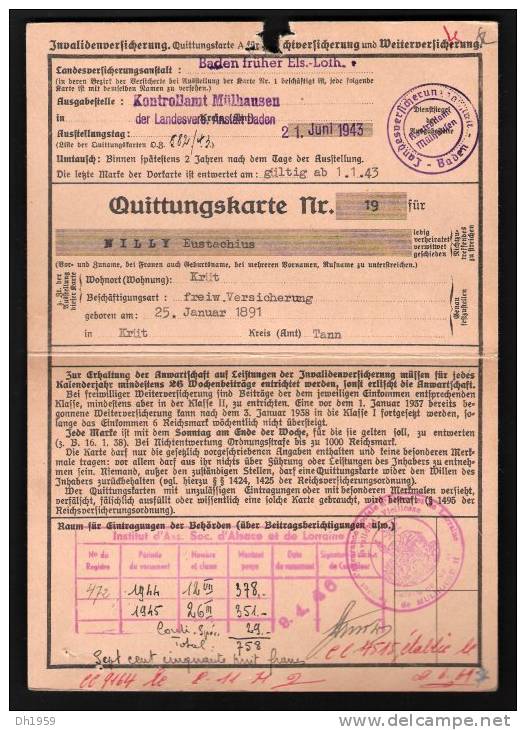 SOCIO-POSTAUX ALSACE LORRAINE REGIME SOCIAL ALLEMAND 1941/43 MAIRIE DE KRUTH HAUT-RHIN 68 KONTROLLAMT MÜLHAUSEN SS WWII - Autres & Non Classés