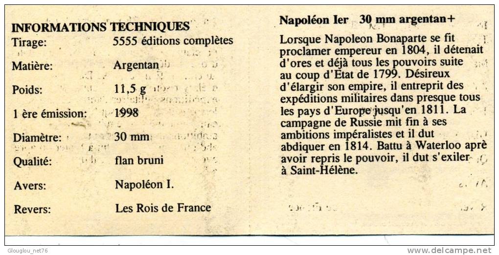 PIECE... LES ROIS DE FRANCE No 3228 NAOLEON PREMIER TIRAGE 5555 EX...MATIERE ARGENTAN VOIR SCANNER - Sammlungen