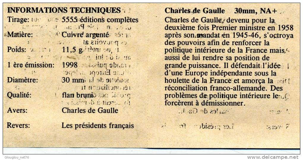 PIECE...  No 4970 LES PRESIDENTS FRANCAIS   DE GAULLE  TIRAGE 5555 EX...MATIERE CUIVRE ARGENTE VOIR SCANNER - Colecciones