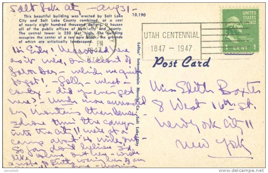 USA – United States – City And County Building And Wasatch Mountains, Salt Lake City, Utah 1947 Used Postcard [P4266] - Salt Lake City