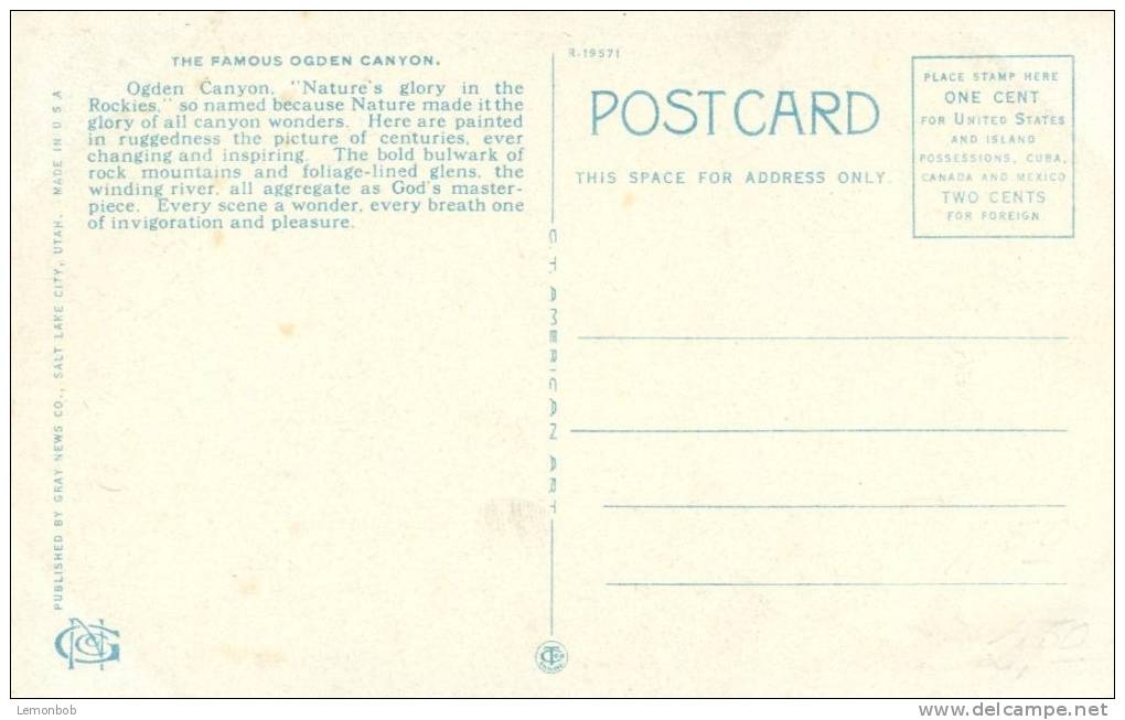 USA – United States – Ogden Canyon, Utah 1920s Unused Postcard [P4271] - Ogden