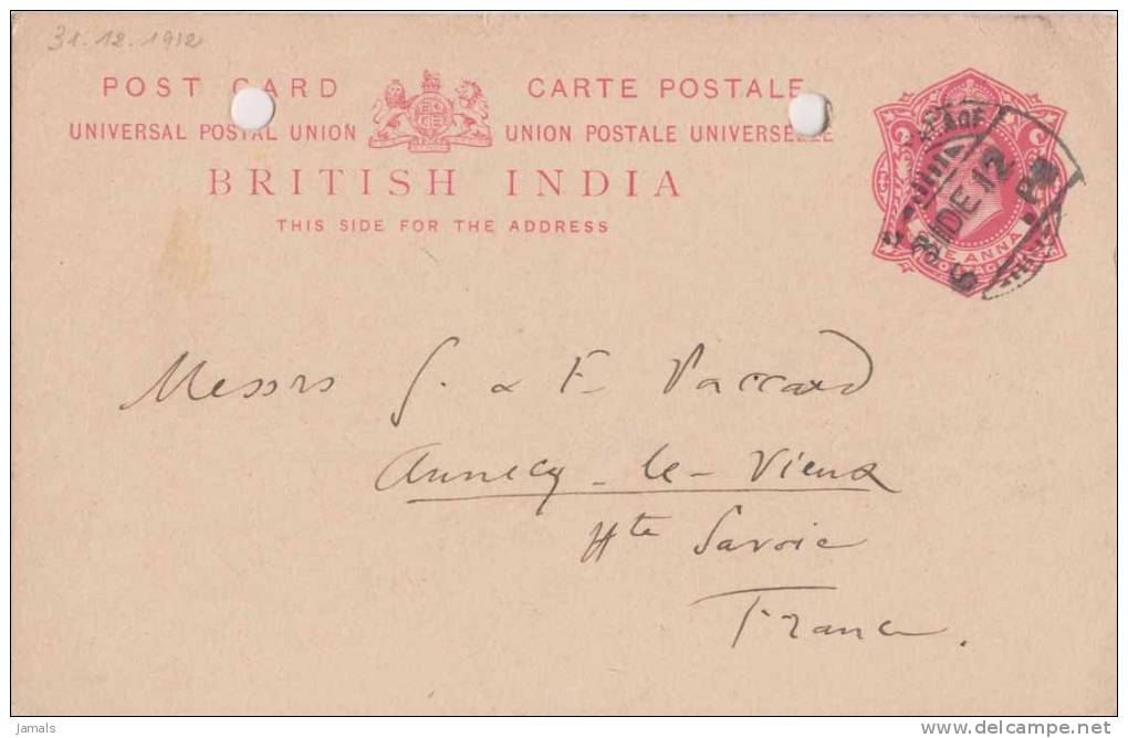 Br India King Edward, Postal Card, Sent To France India As Per The Scan - 1902-11 Roi Edouard VII