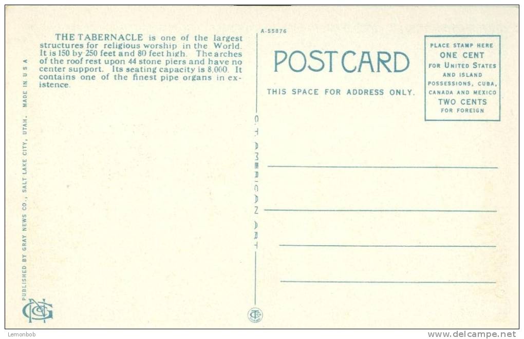 USA – United States – Great Mormon Tabernacle And Sea Gull Monument, Salt Lake City, Utah 1920s Unused Postcard [P4293] - Salt Lake City