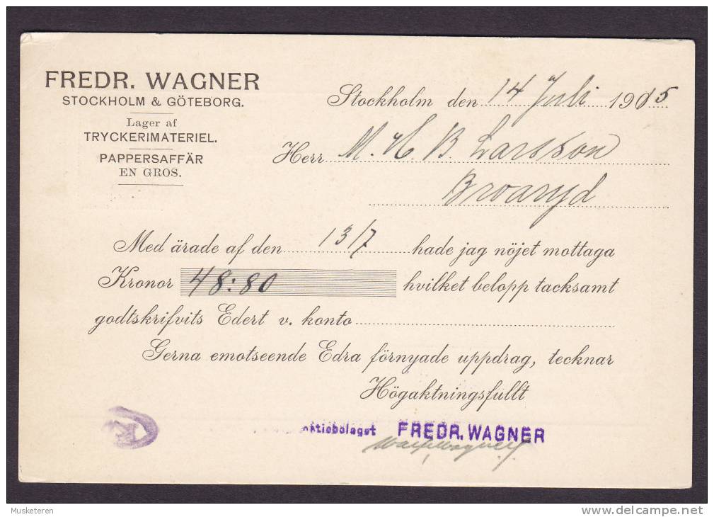 Sweden FREDR. WAGNER Tryckerimateriel Pappersaffär STOCKHOLM 1905 Commercial BREFKORT Card To BROARYD - Cartas & Documentos