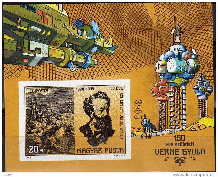 Raketen 1978 Schriftsteller J.Verne Ungarn Block 133 B ** 35€ Reise Zum Mond Schriftsteller France Writer Bloc Bf Magyar - Unused Stamps