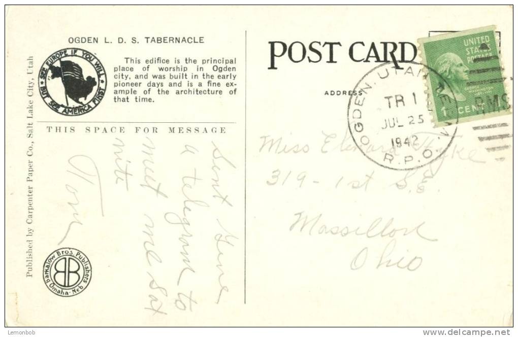 USA – United States – Mormon Tabernacle, Ogden, Utah 1942 Used Postcard [P4301] - Ogden