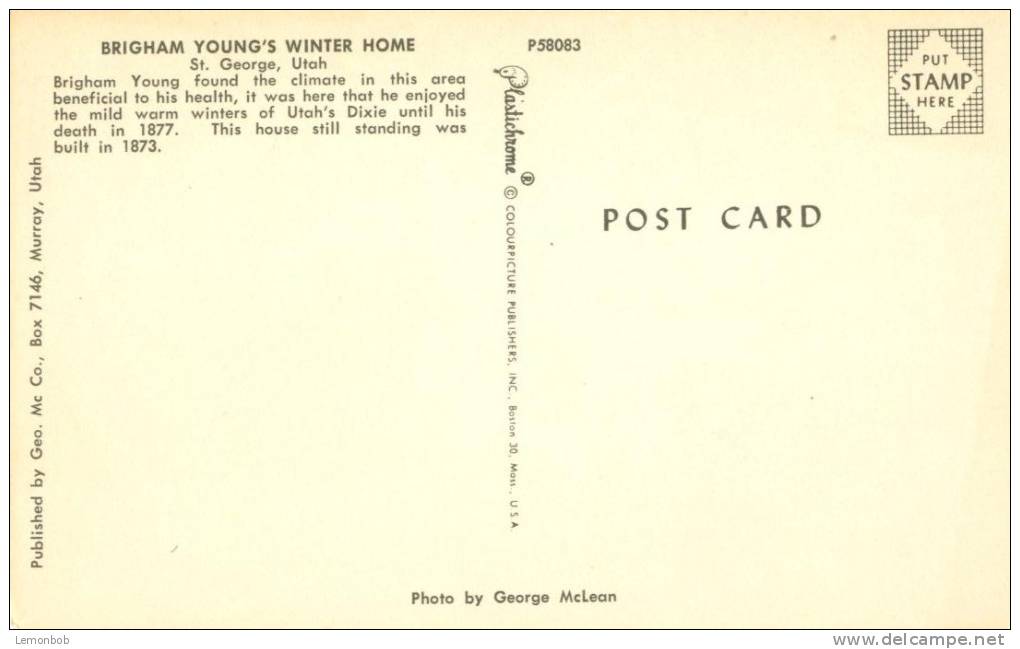 USA – United States – Brigham Young's Winter Home, St. George, Utah Unused Postcard [P4302] - Other & Unclassified