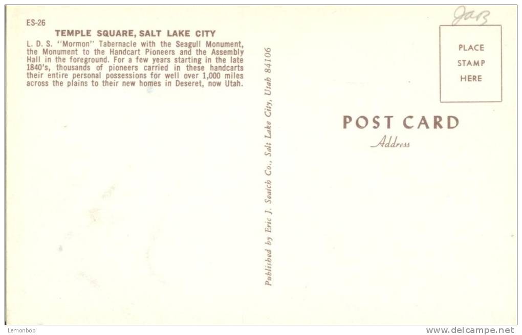 USA – United States – Temple Square, Salt Lake City, Utah Unused Postcard [P4303] - Salt Lake City