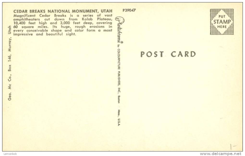 USA – United States – Cedar Breaks National Monument, Utah Unused Postcard [P4321] - Other & Unclassified