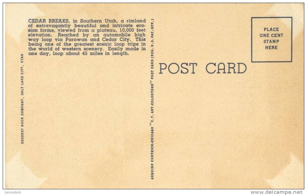 USA – United States – Cedar Breaks, In Southern Utah, Unused Linen Postcard [P4328] - Other & Unclassified