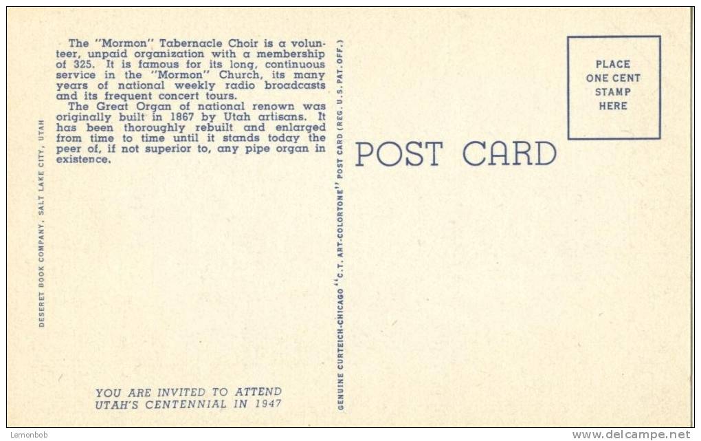 USA – United States – The Tabernacle Choir And Organ, Salt Lake City, Utah 1938 Unused Linen Postcard [P4331] - Salt Lake City
