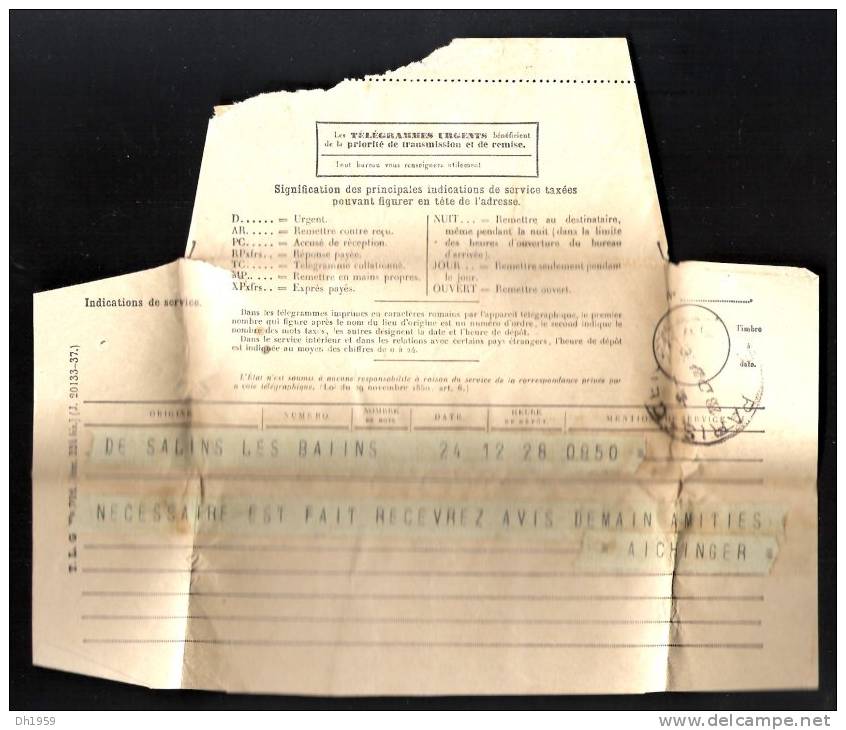 TELEGRAMME PARIS  4, RUE ROUSSEL  PARIS XVII AVENUE WAGRAM 1939 - Télégraphes Et Téléphones