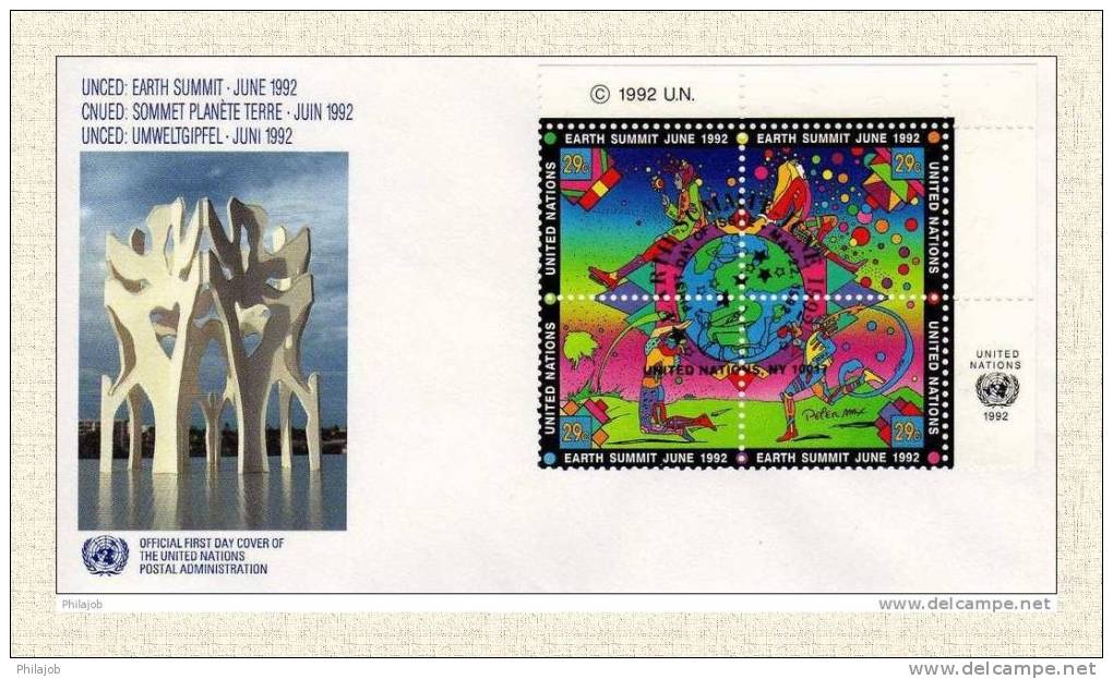 ONU 1992 (New-York) : FDC En Relief  " Sommet Planète-Terre " N° YT 609 à 612 + Prix Dégressif. - Environment & Climate Protection