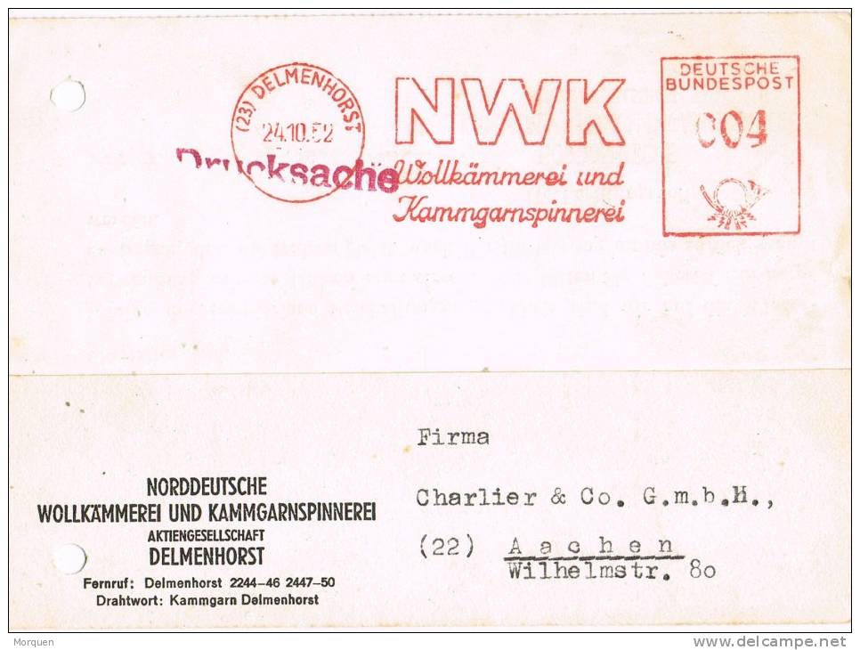 2483. Tarjeta Privada DELMENHORST (Alemania) 1952. Franqueo Mecanico NWK - Lettres & Documents