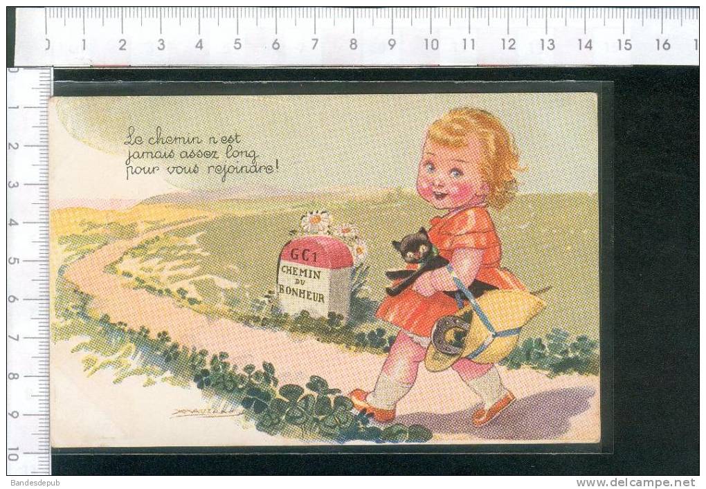 Jolie Carte Illustrateur Mauzan Enfant Chat Noir Borne Kilométrique Chemin Bonheur - Mauzan, L.A.