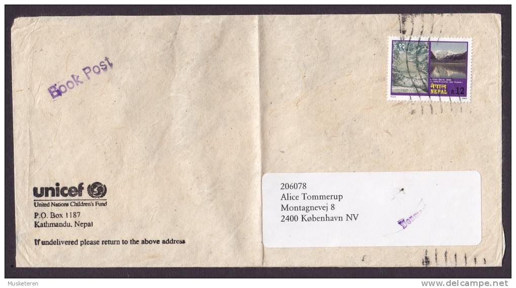 Nepal Khatmandu UNICEF Cachet 2000 Cover To København NV Denmark Purple Book Post - Nepal