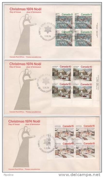 Canada FDC 1-11-1974 Christmas Stamps With Cachet In Block Of 4 On 3 Covers (not Complete) - 1971-1980