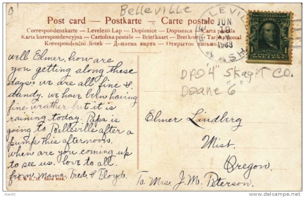 DPO Belleville WA Washington, Skagit County Closed Post Office Rf-4, Doane Postmark Cancel On Postcard - Postal History