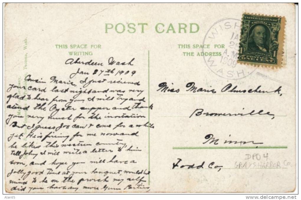 DPO Wishkah WA Washington,  Grays Harbor County Closed Post Office Rf-4, Doane Postmark Cancel On Postcard - Postal History