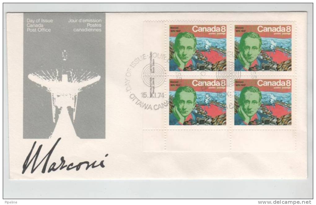 Canada FDC 15-11-74 In A Block Of 4 FDC Marconi 1974 With Cachet - 1971-1980