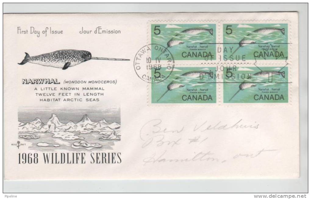 Canada FDC 10-4-1968in A Block Of 4  NARWHAL With Cachet - 1971-1980