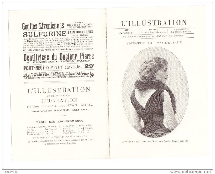 - L´ ILLUSTRATION - Mme Jane HADING - Illustrée Par Thiriat - 12 Décembre 1891 - Théatre De Vaudeville - Photo Van Bosch - Ante 1900