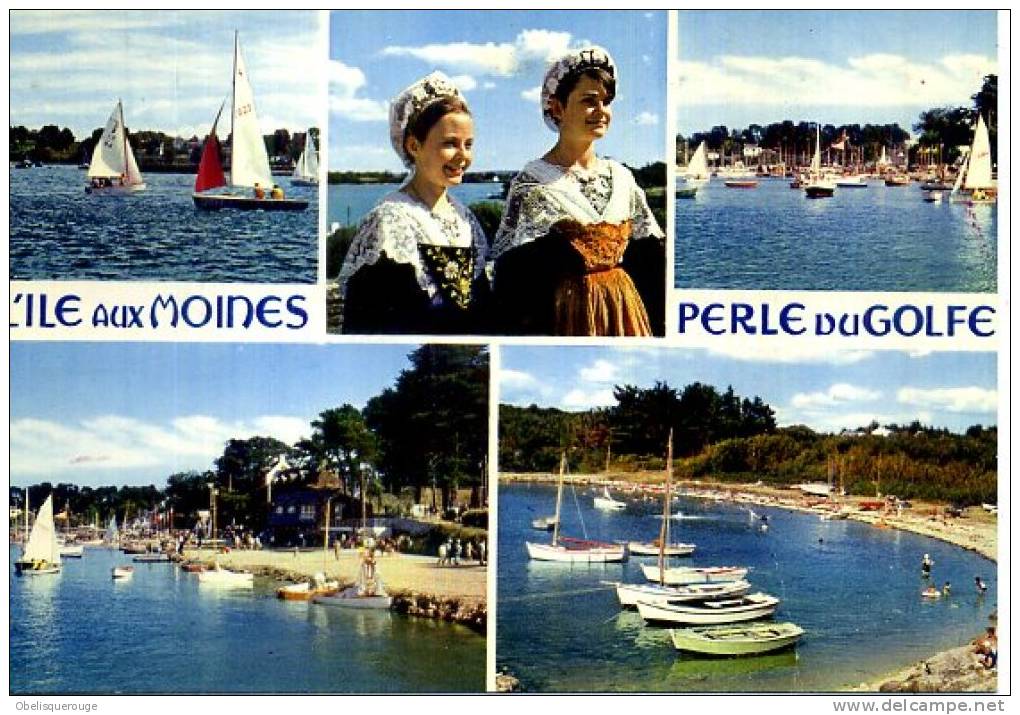 56 ILE AUX MOINES 5 VUES 1 CARTE FEMME BATEAUX FOLKLORE 1977 - Ile Aux Moines