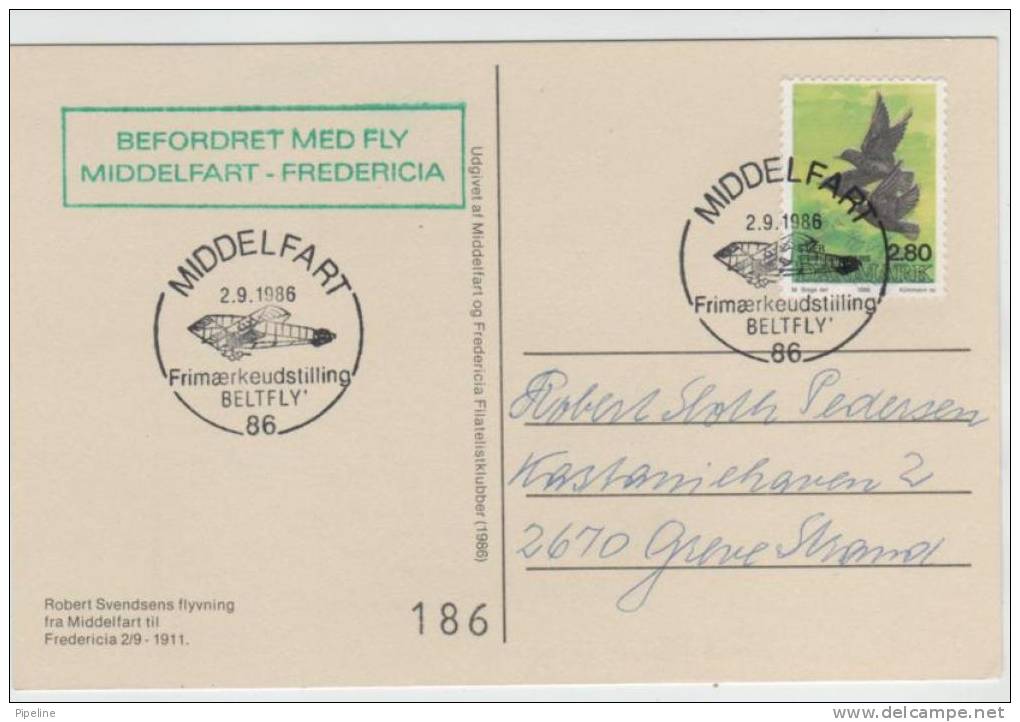 Denmark Reprinted Post Card From 1911 Used 1986 Robert Svendsen Flight Middelfart - Fredericia Exhibition BELTFLY 86 - Lettres & Documents