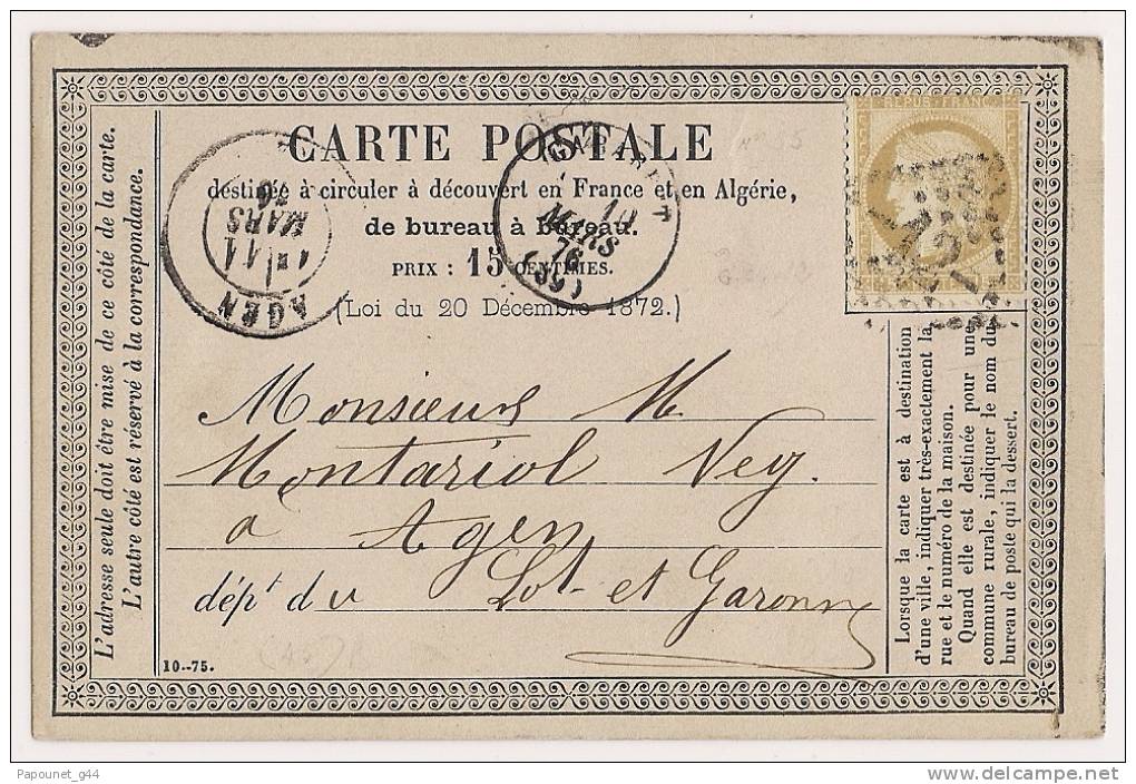 Carte Précurseur 1876 Type Ceres (oblitération Gros Chiffres 12 De Gabarret Pour Agen ) - Vorläufer