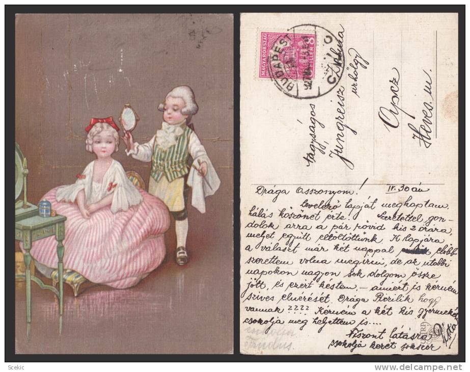 ARTIST COLOMBO,E.; GIRL BOY MIRROR OLD POSTCARD - D10779 - Colombo, E.