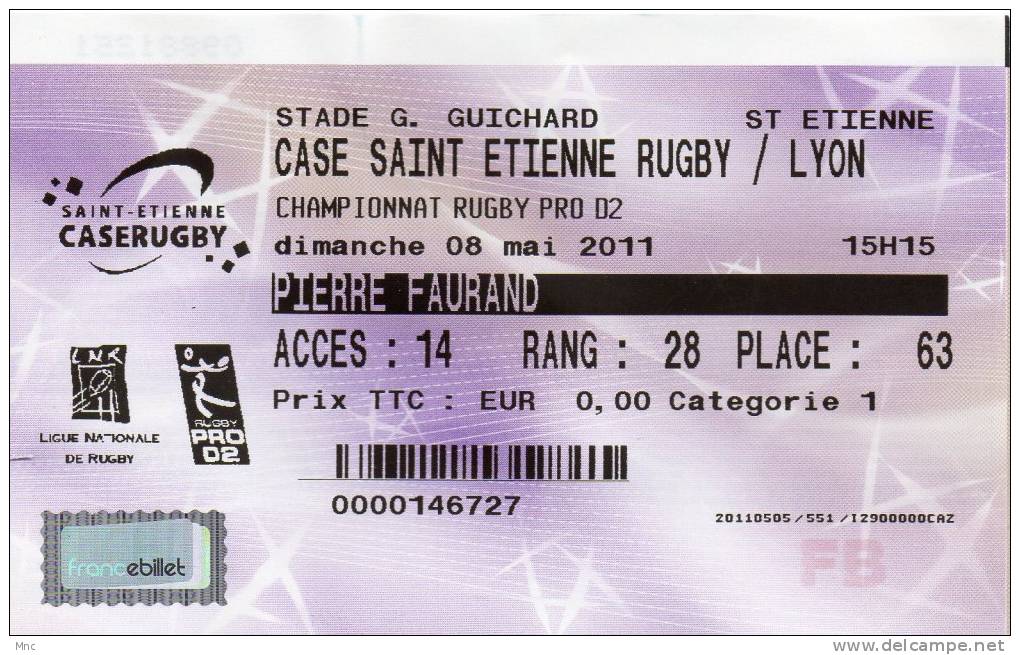 Billet CA SAINT ETIENNE / Lyon OU  Pro D2  28 Mai 2011 - Rugby