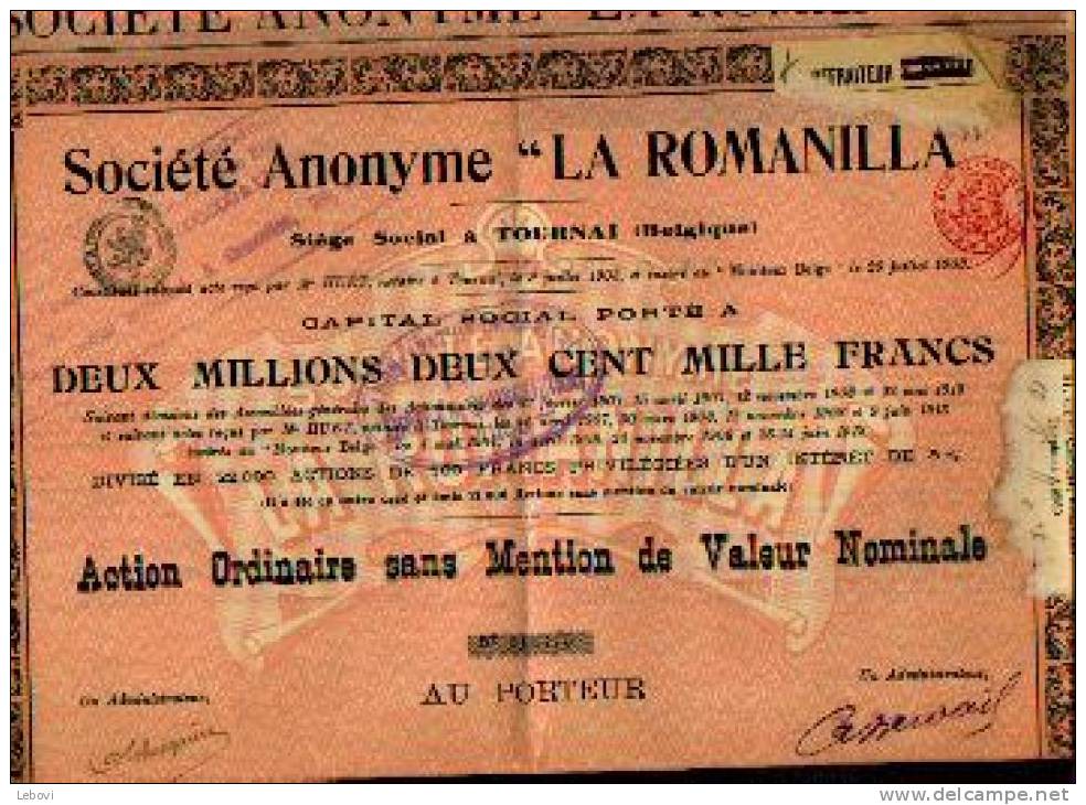 TOURNAI "SA La Romanilla" - Action Ordinaire - Capital  : 2.200.000 Fr - Aardolie