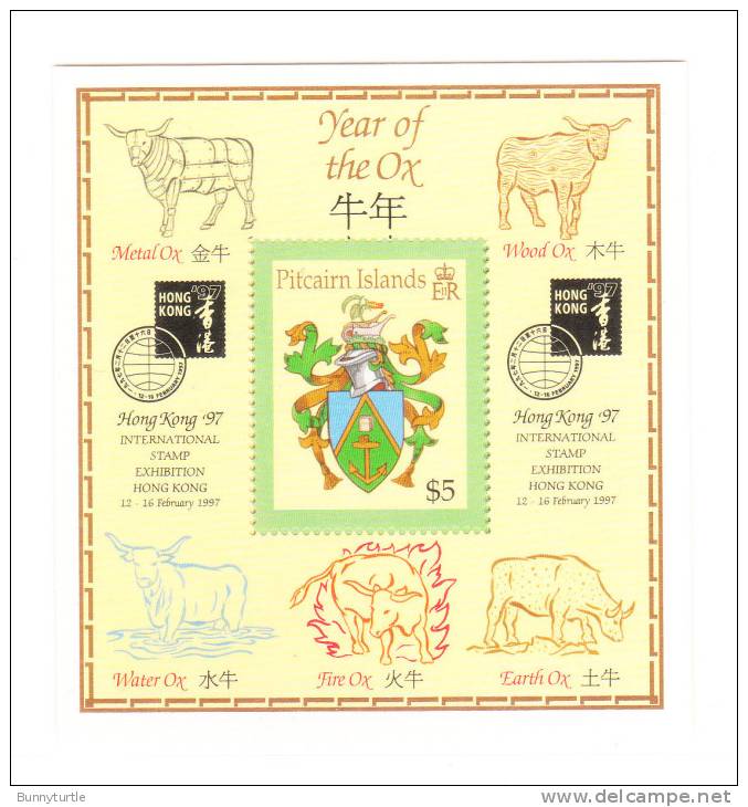 Pitcairn Islands 1997 Coat Of Arms HK Stamp Exhibition Cow S/S MNH - Islas De Pitcairn