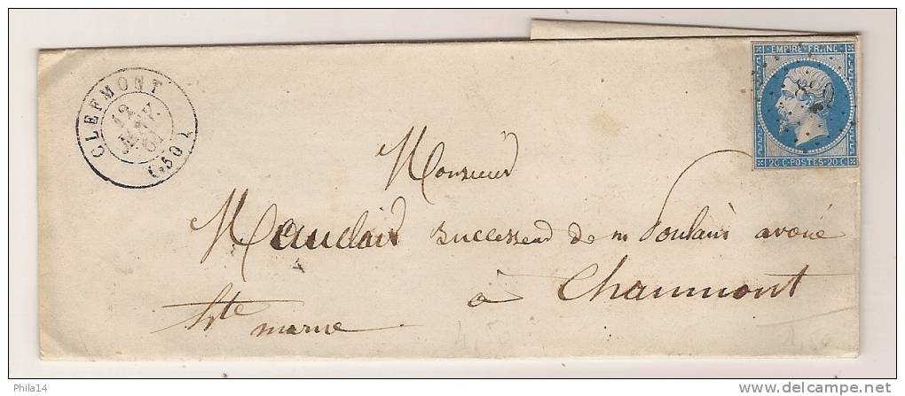 N° 14 BLEU NAPOLEON NON DENTELE SUR LETTRE / CLEFMONT HAUTE MARNE POUR CHAUMONT / 12 JANV 1861 - 1849-1876: Période Classique