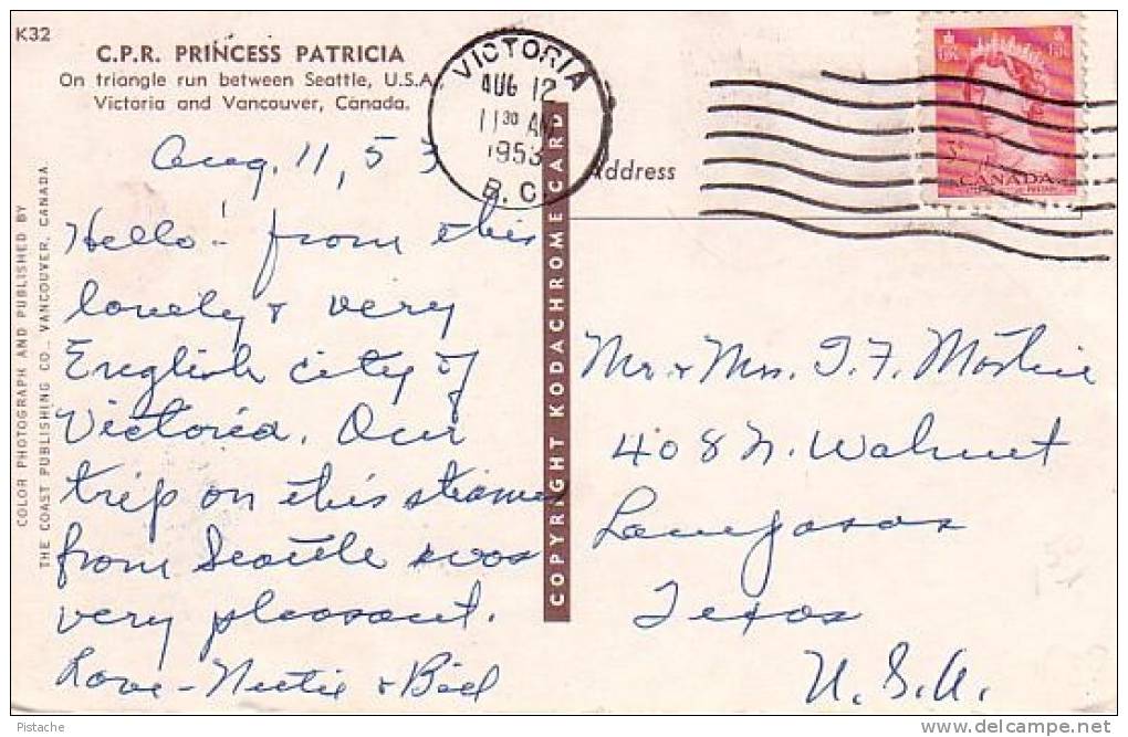 C.P.R. Princess Patricia - Seattle-Victoria-Vancouver - Steamer Boat - Travelled 1953  - 2 Scans - VG Condition - Steamers