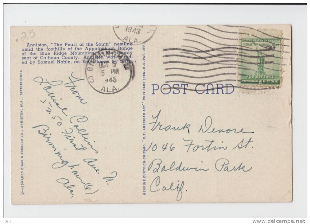 AERIAL VIEW OF ANNISTON , ALABAMA . 1943 Old PC . USA - Autres & Non Classés