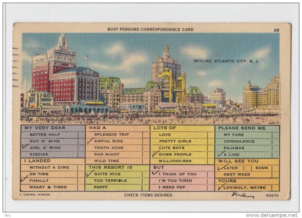 BUSY PERSONS CORRESPONDENCE CARD , SKYLINE ATLANTIC CITY , NJ . Old PC . USA - Atlantic City