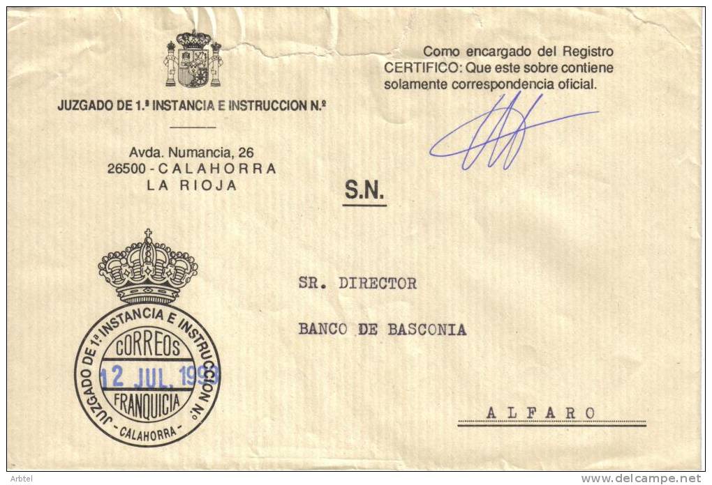 FRANQUICIA CALAHORRA LA RIOJA JUZGADO DE INSTRUCCIÓN SOBRE DETERIORRADO EN APERTURA - Franchise Postale