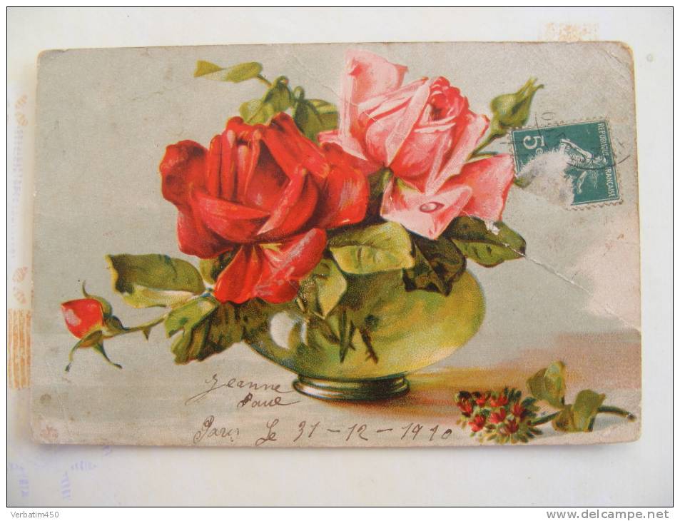 CPA....KLEIN  NON SIGNE..VASE ET BOUQUET DE ROSES..1910..PLI PEU PRONONCE - Before 1900