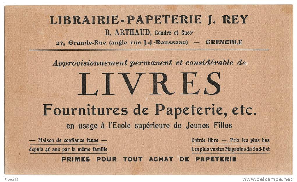 38 GRENOBLE - Libraire - Papeterie J.Rey - 23 Grande Rue Angle J.J Rousseau - Autres & Non Classés