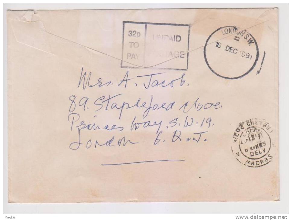 Air Mail / Airletter, Topay / Unpaid In Square 32p ,Great Britain To India - Tasse