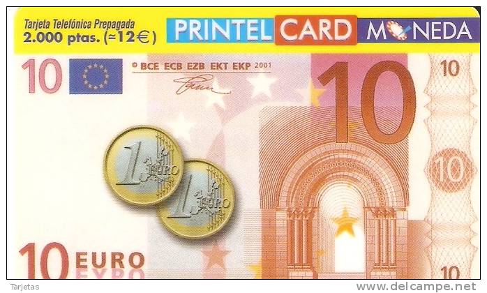 TARJETA PRINTELCARD DE UN BILLETE DE 10 EUROS Y DOS MONEDAS DE 1 EURO DE ESPAÑA - Francobolli & Monete