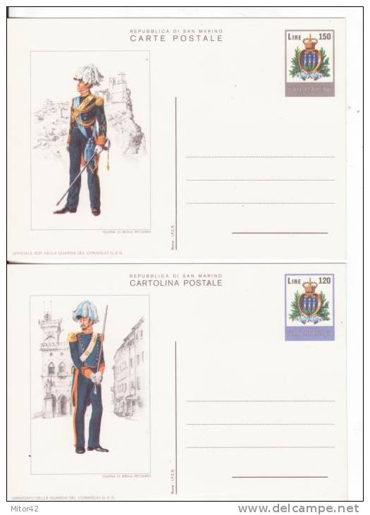 C46/1+C47/2-Due Interi Postali-Cartolina Postale-S.Marino L.120 +150 Uniformi Militari-Militaria-Nuovi-New - Interi Postali