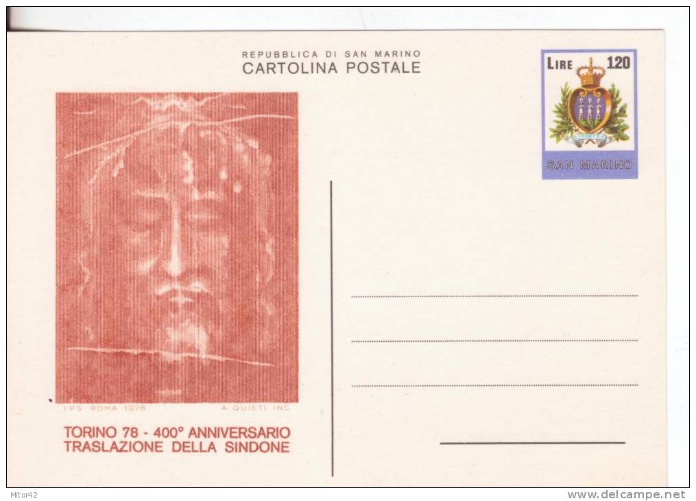 C45- Interi Postali-Cartolina Postale S.Marino L.120 -La Sacra Sindone-Gesù-Religione-Nuoo-New. - Entiers Postaux