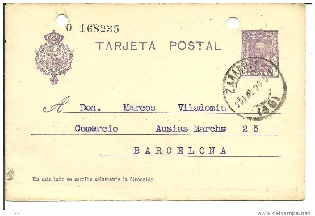 ENTERO COMERCIAL 1928 ZARAGOZA (TALADRADO) - 1850-1931