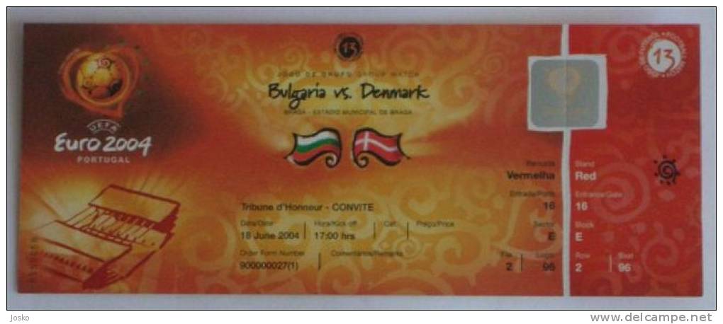 EURO 2004. PORTUGAL - Football Ticket  BULGARIA : DENMARK  * European Championships Foot Billet Soccer Fussball Calcio - Tickets & Toegangskaarten