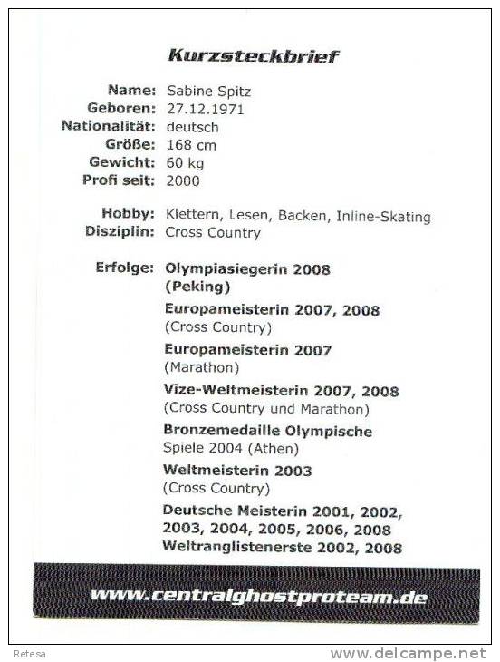 HANDTEKENING SABINE SPITZ  OLYMPISCH KAMPIOEN 2008 BRONS 2004 - WERELDKAMPIOEN 2003 - EUROPEES KAMPIOEN 2007/2008 - Andere & Zonder Classificatie