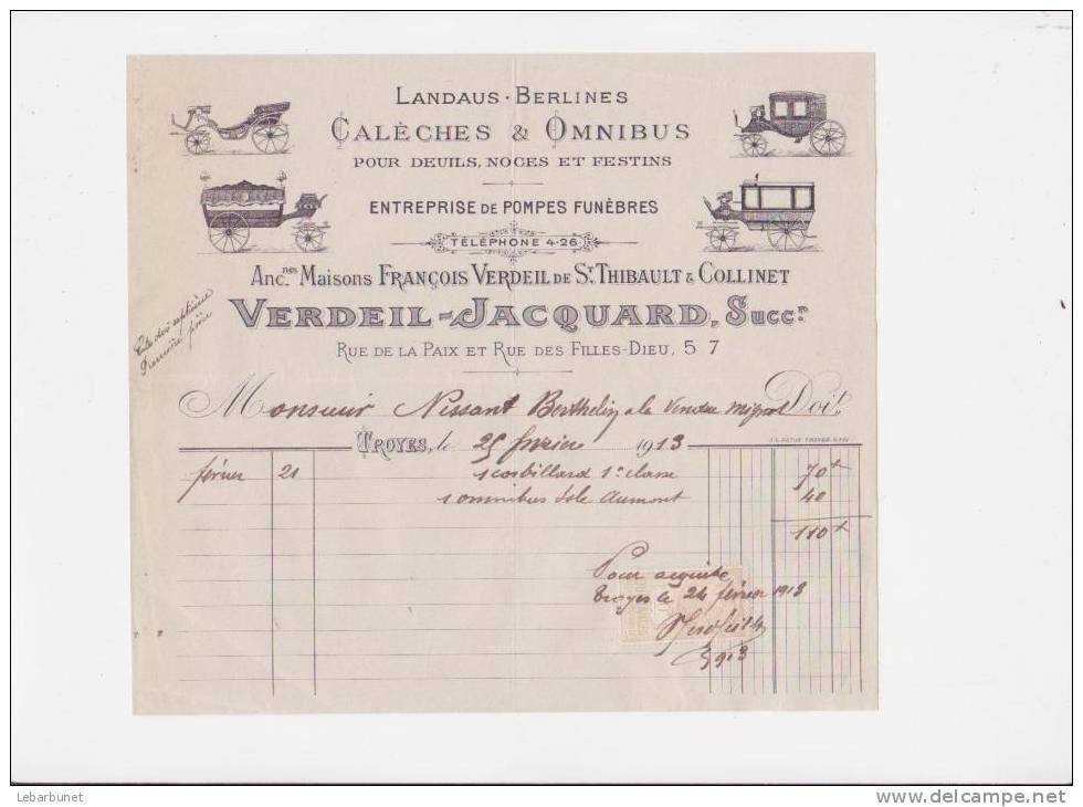 Facture Ancienne  1913  Verdeil-Jacquard  Troyes Aube (Landaus-Berlines Calèches&Omnibus) - Transports