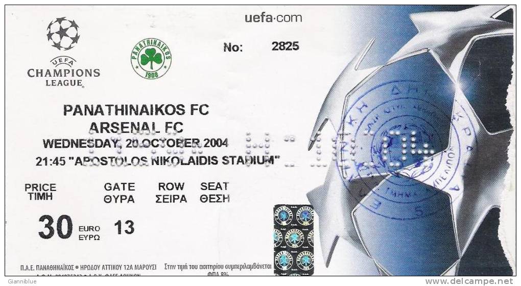 Panathinaikos Vs Arsenal/Football/UEFA Champions League Match Ticket - Tickets D'entrée